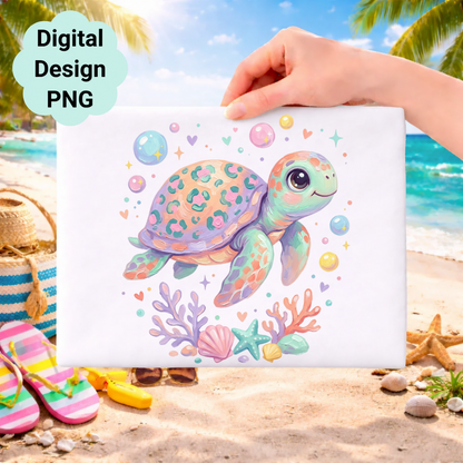 Cute cartoon sea turtle with bubbles and coral on a beach background.
