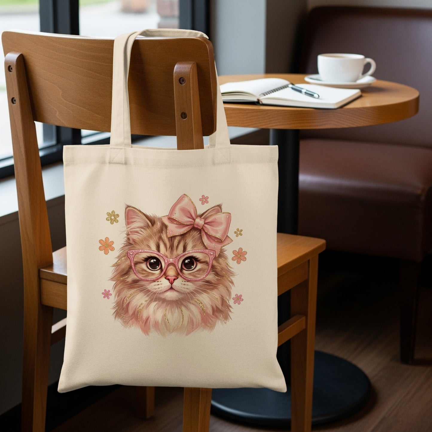 Tote bag with a cartoon cat wearing glasses and a pink bow.