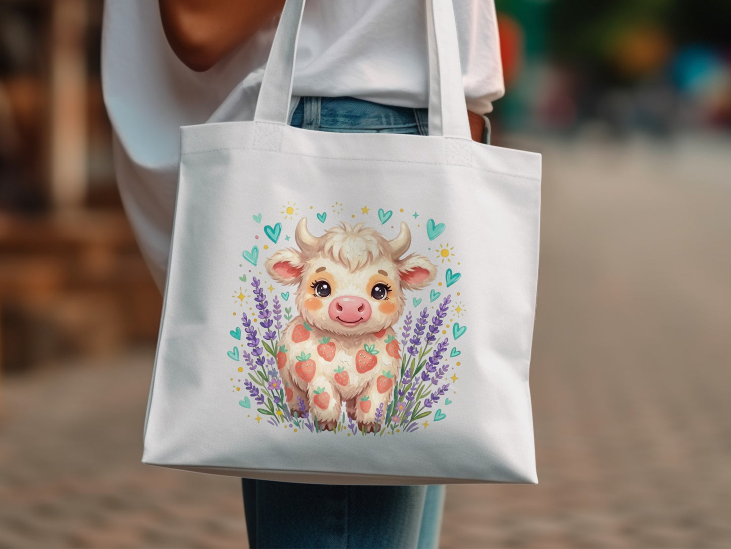 Cute cartoon strawberry cow with lavender, surrounded by hearts.