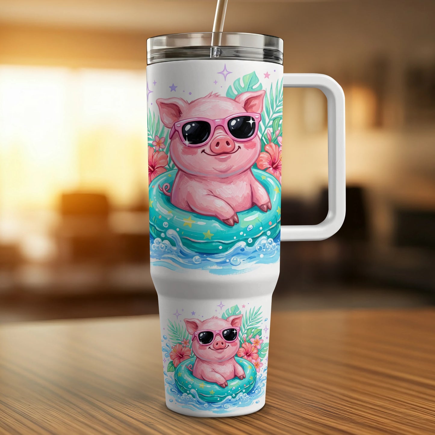Pink pig with sunglasses on inflatable ring, on a white tumbler.