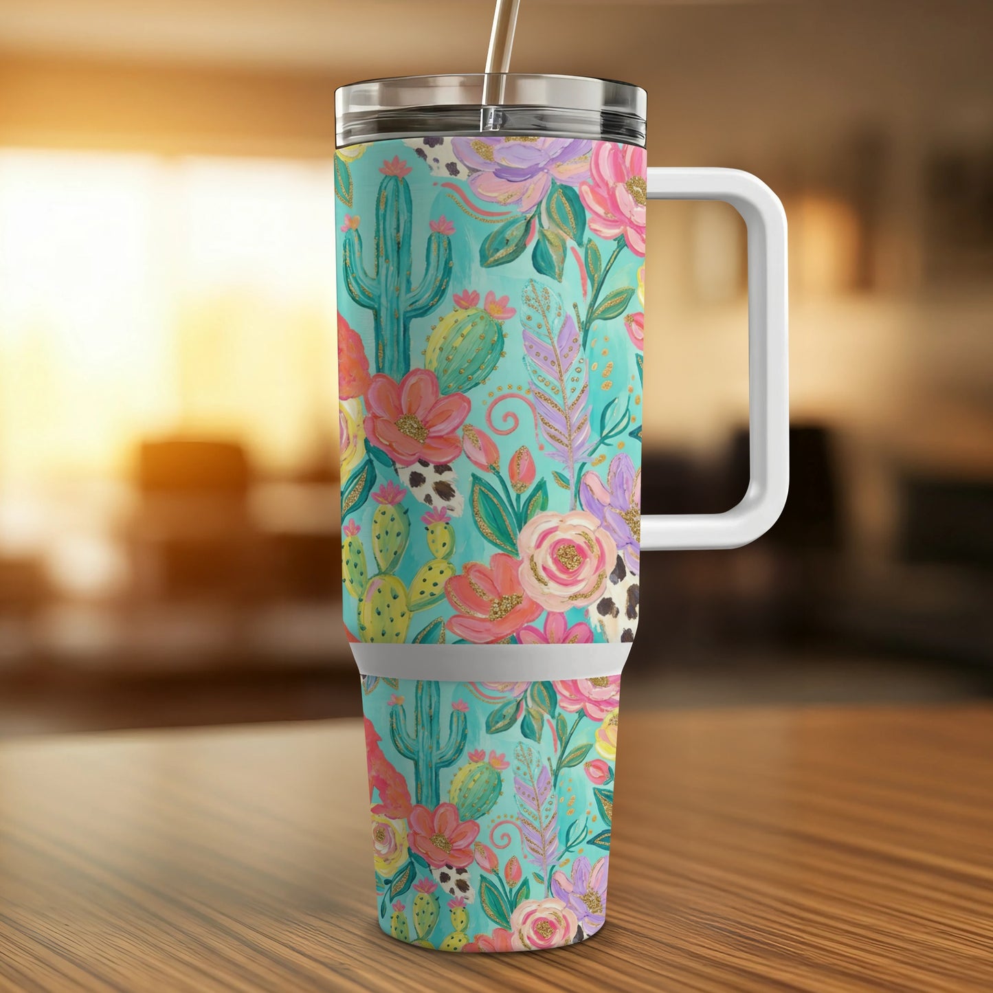 Tumbler with turquoise background and floral, cactus, and feather pattern.