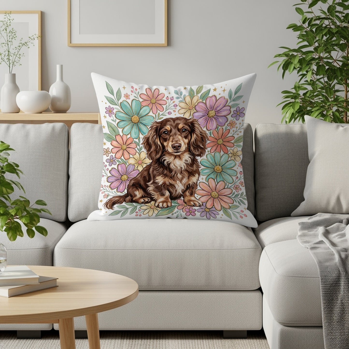 Dachshund on a pillow with a floral pattern.