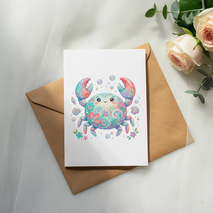 Cute colorful crab illustration on a card, with shells and bubbles.