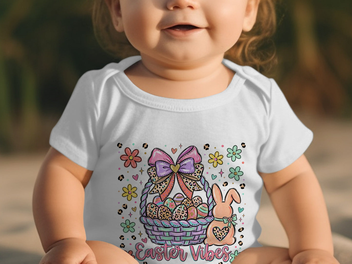 Baby in white Easter-themed onesie with a basket of eggs and a bunny.