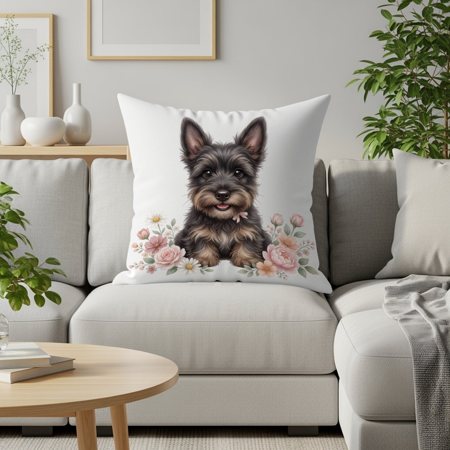 Yorkshire terrier dog with pink flowers on a white pillow.