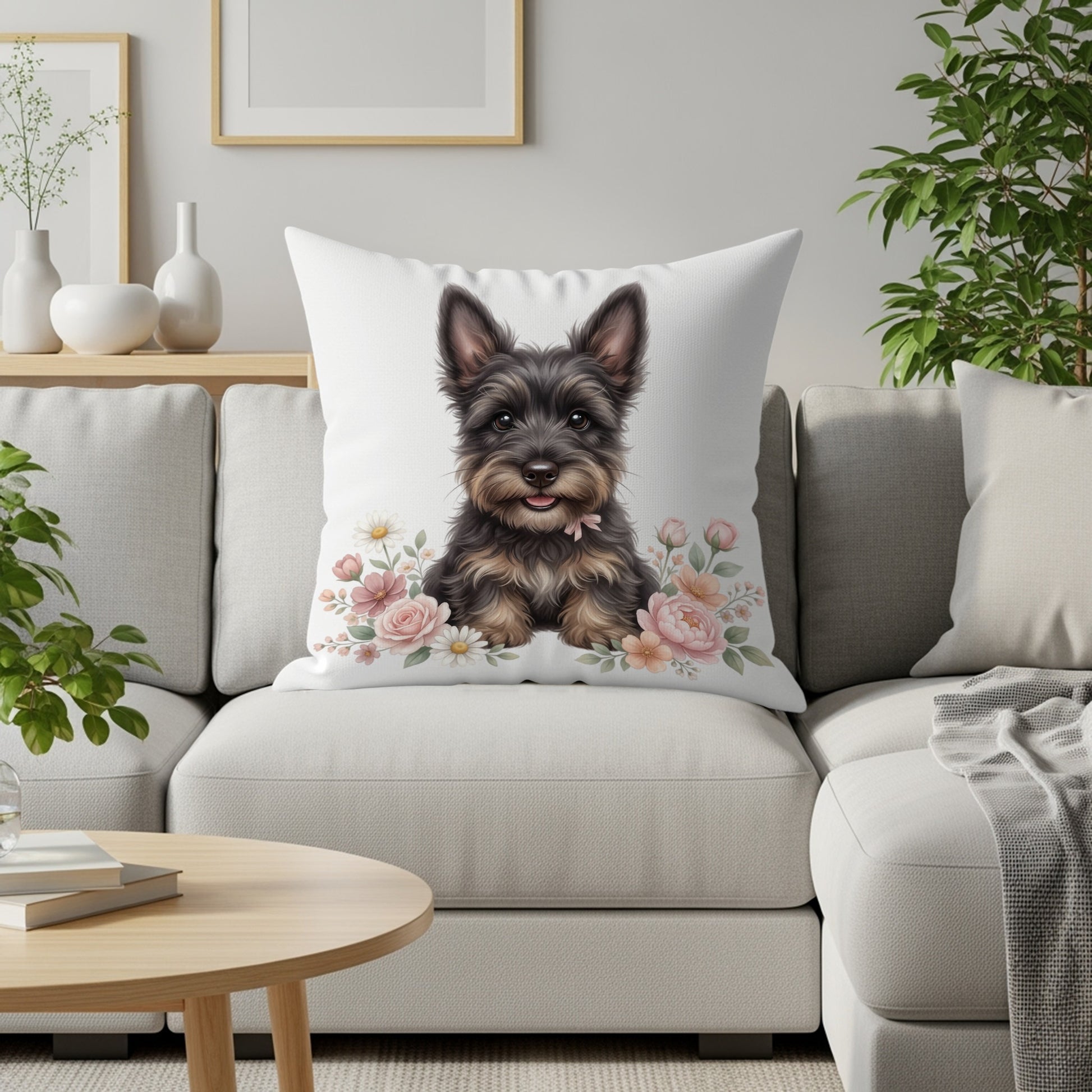 Yorkshire terrier dog with pink flowers on a white pillow.