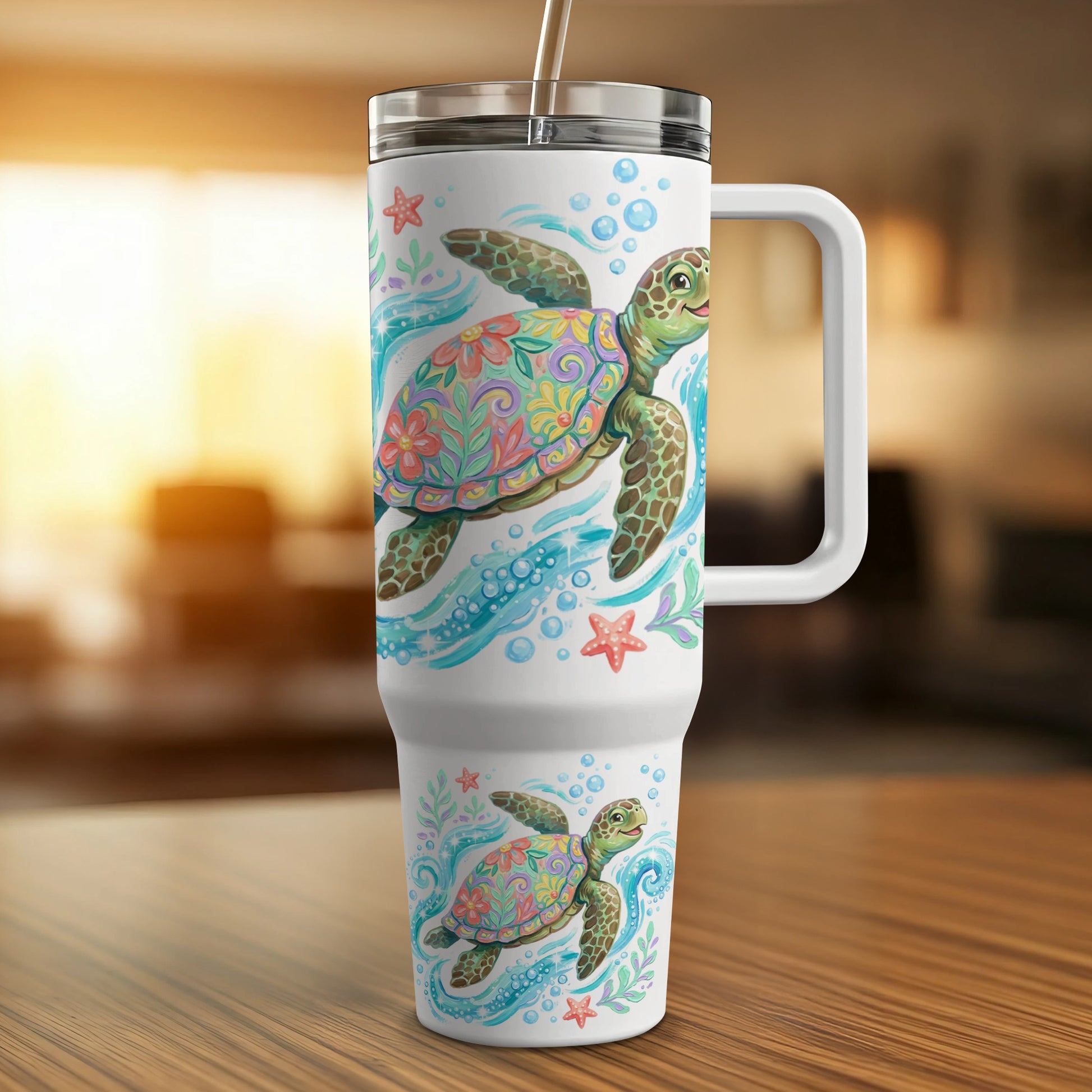 White tumbler with colorful sea turtles, bubbles, and starfish.