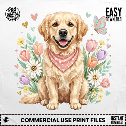 Golden retriever wearing a pink bandana surrounded by flowers and butterflies.