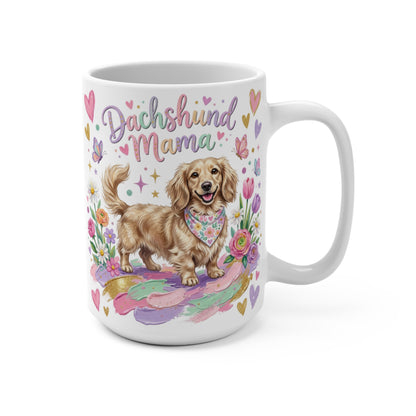 Dachshund Mama mug with floral and butterfly accents.