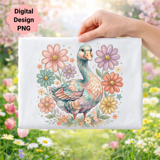 Whimsical duck surrounded by colorful flowers, on a white background.