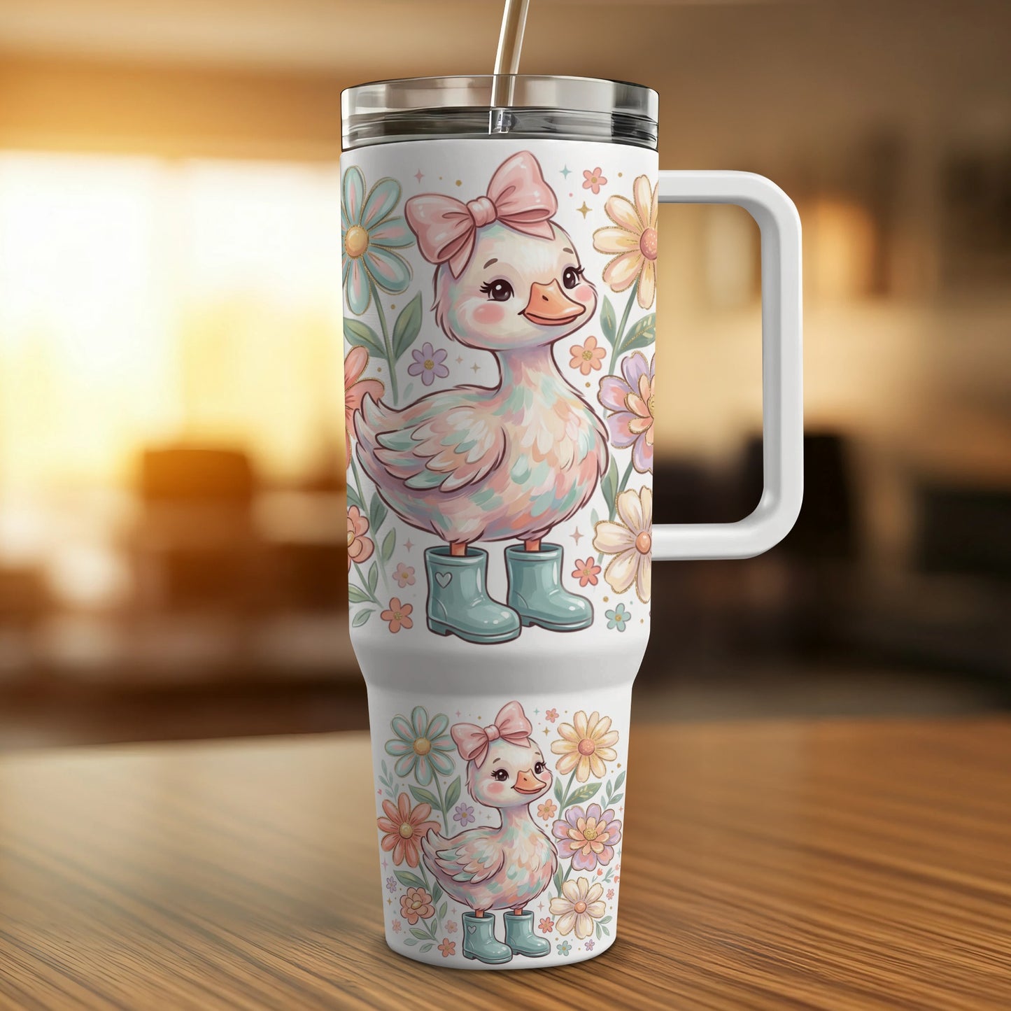 Cute duckling illustration on a white tumbler with floral accents.