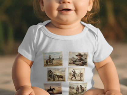 Baby in white bodysuit with Western-themed postage stamp graphics.