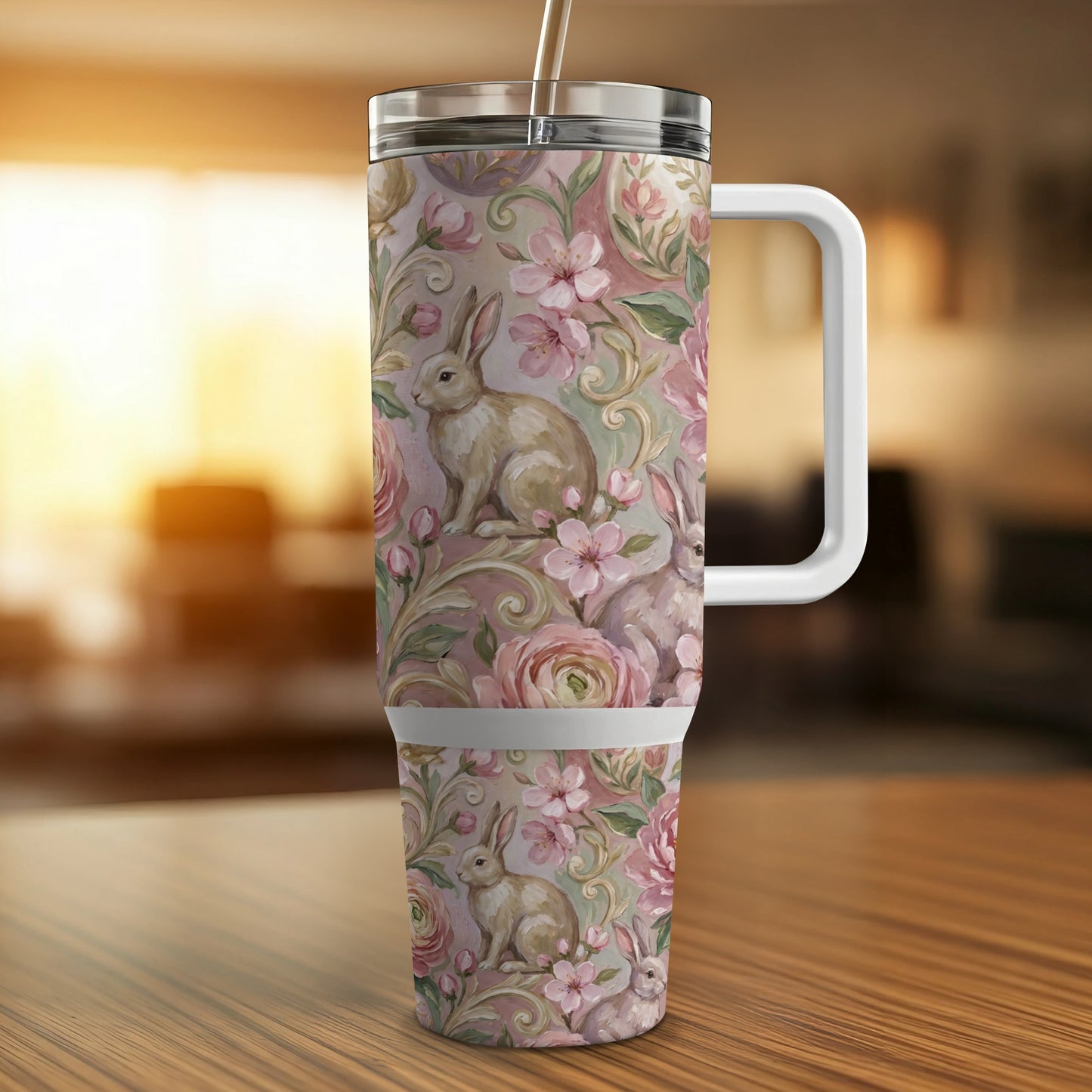 Floral bunny tumbler with handle and straw, soft pastel colors.