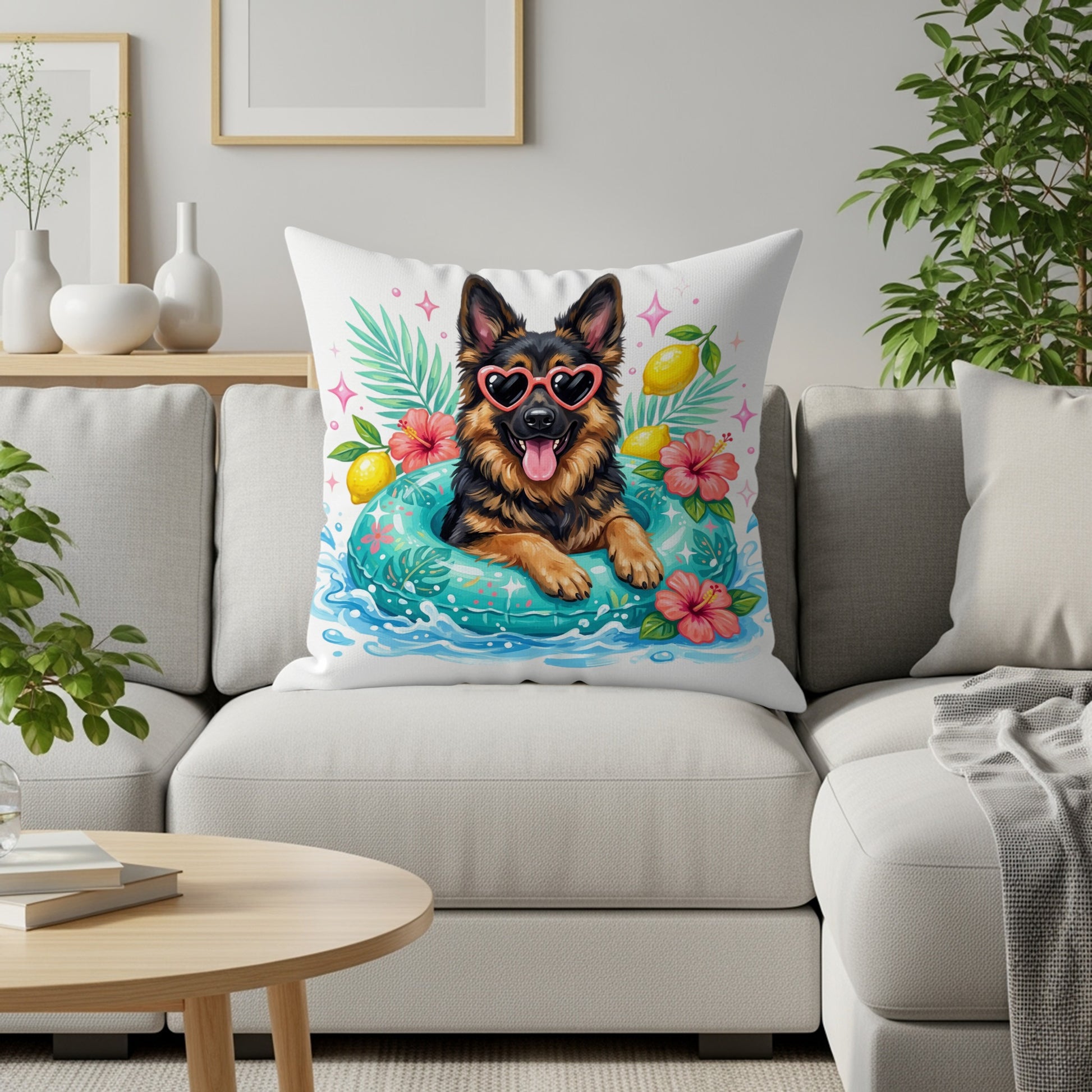 German Shepherd with heart sunglasses on inner tube with fruit and flowers.