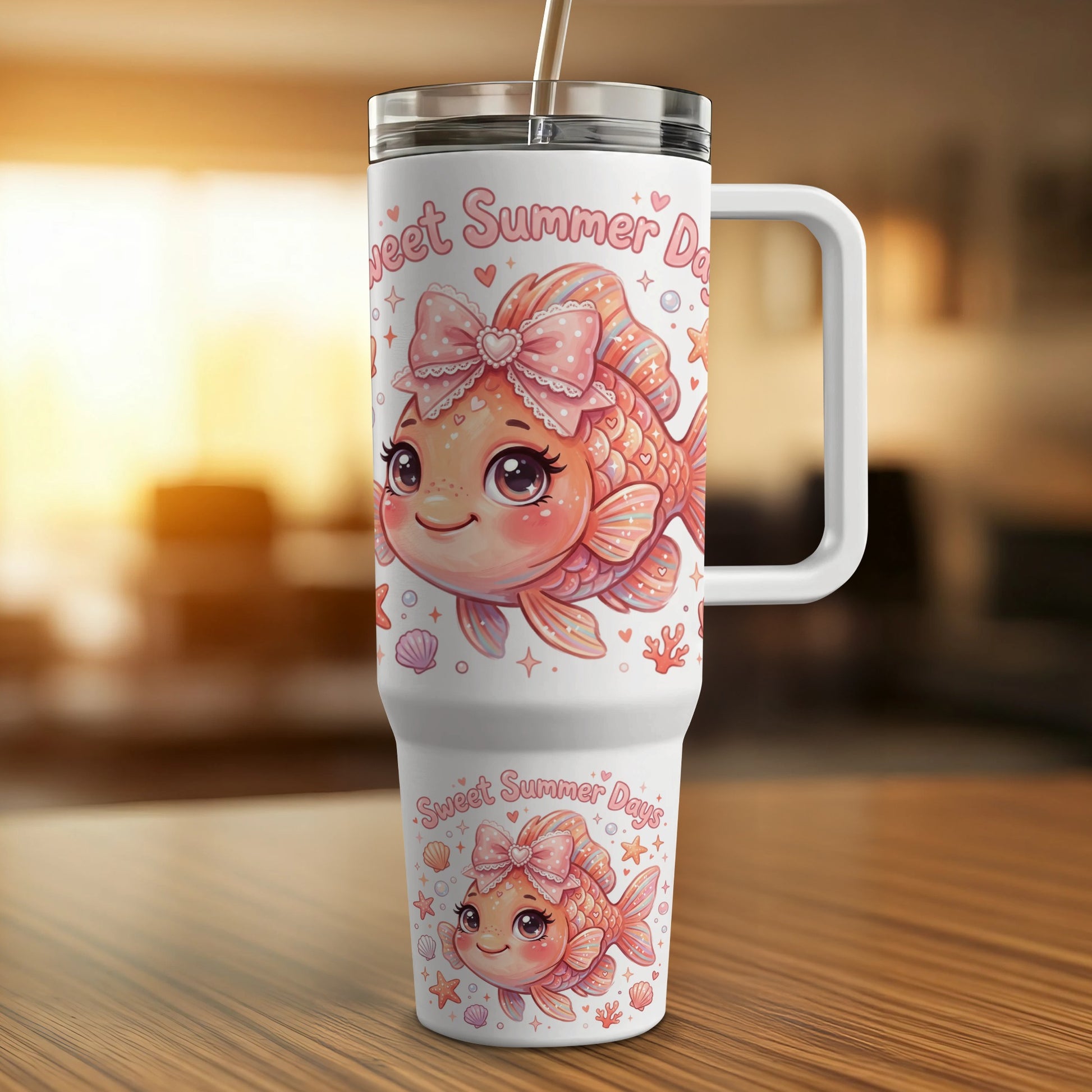 Cute cartoon goldfish with bow on tumbler, "Sweet Summer Days" text.