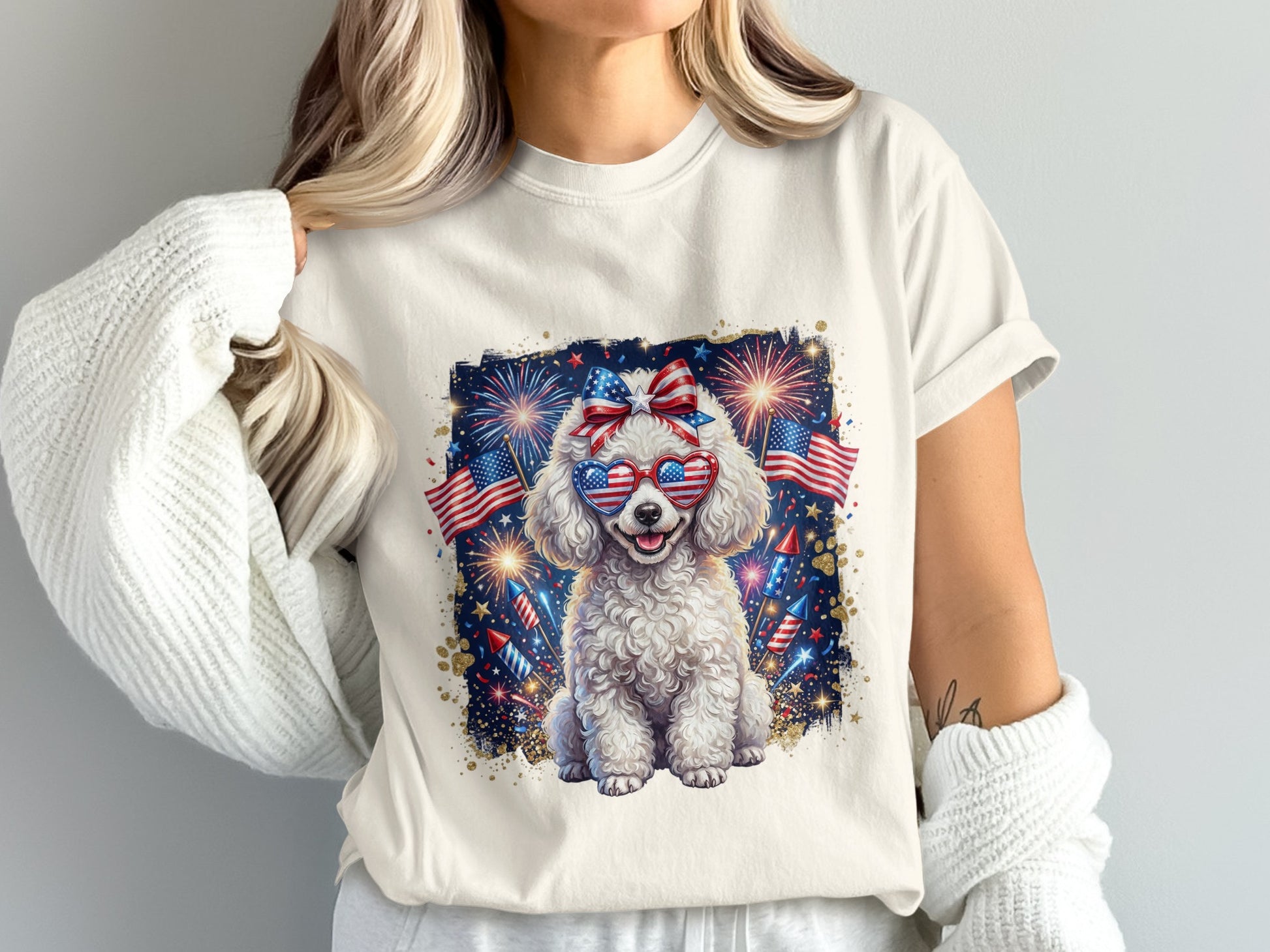 Poodle wearing sunglasses with American flags and fireworks graphic.