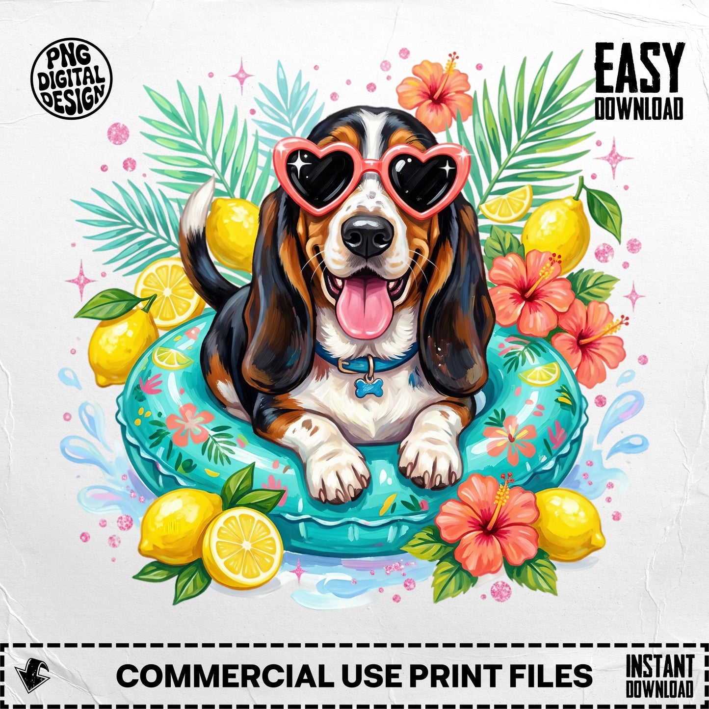 Basset hound in sunglasses on a pool float with lemons and hibiscus flowers.