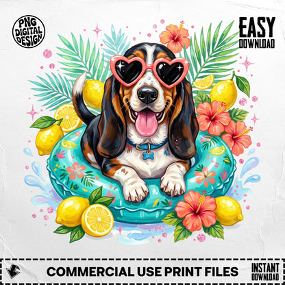 Basset hound in sunglasses on a pool float with lemons and hibiscus flowers.