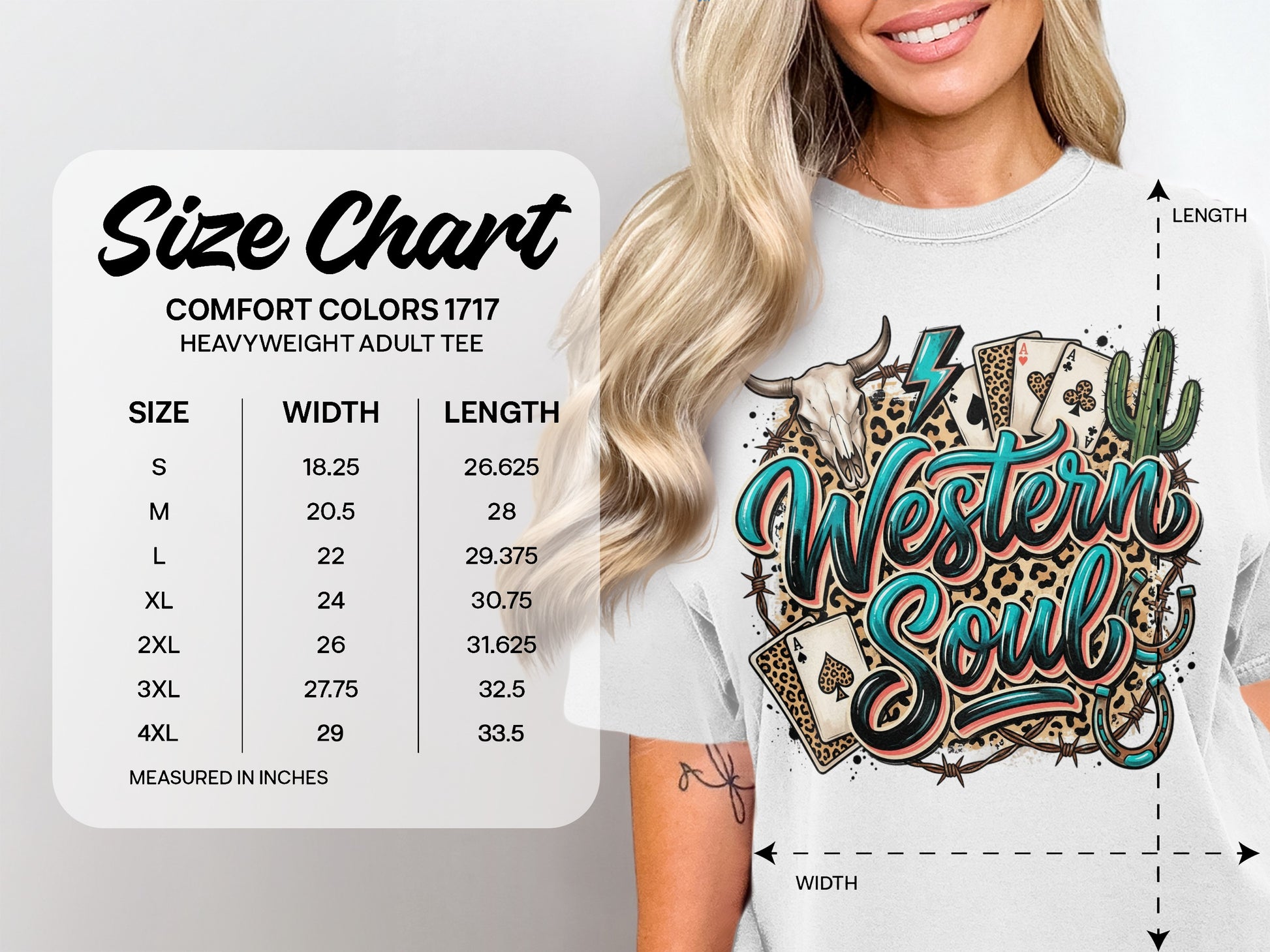 Size chart for a heavyweight adult t-shirt with Western Soul graphic.