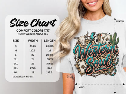 Size chart for a heavyweight adult t-shirt with Western Soul graphic.