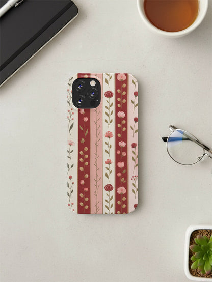 Floral stripe phone case with pink and red flowers.