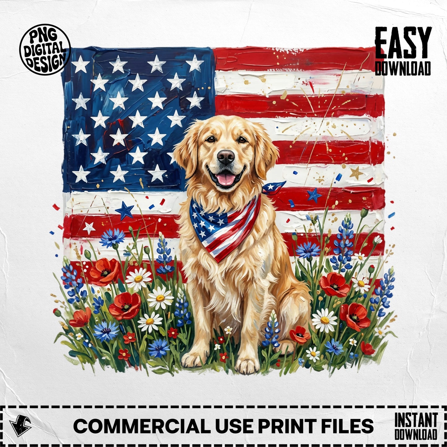 Golden retriever wearing bandana sits in front of American flag and wildflowers.
