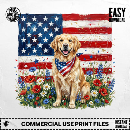 Golden retriever wearing bandana sits in front of American flag and wildflowers.