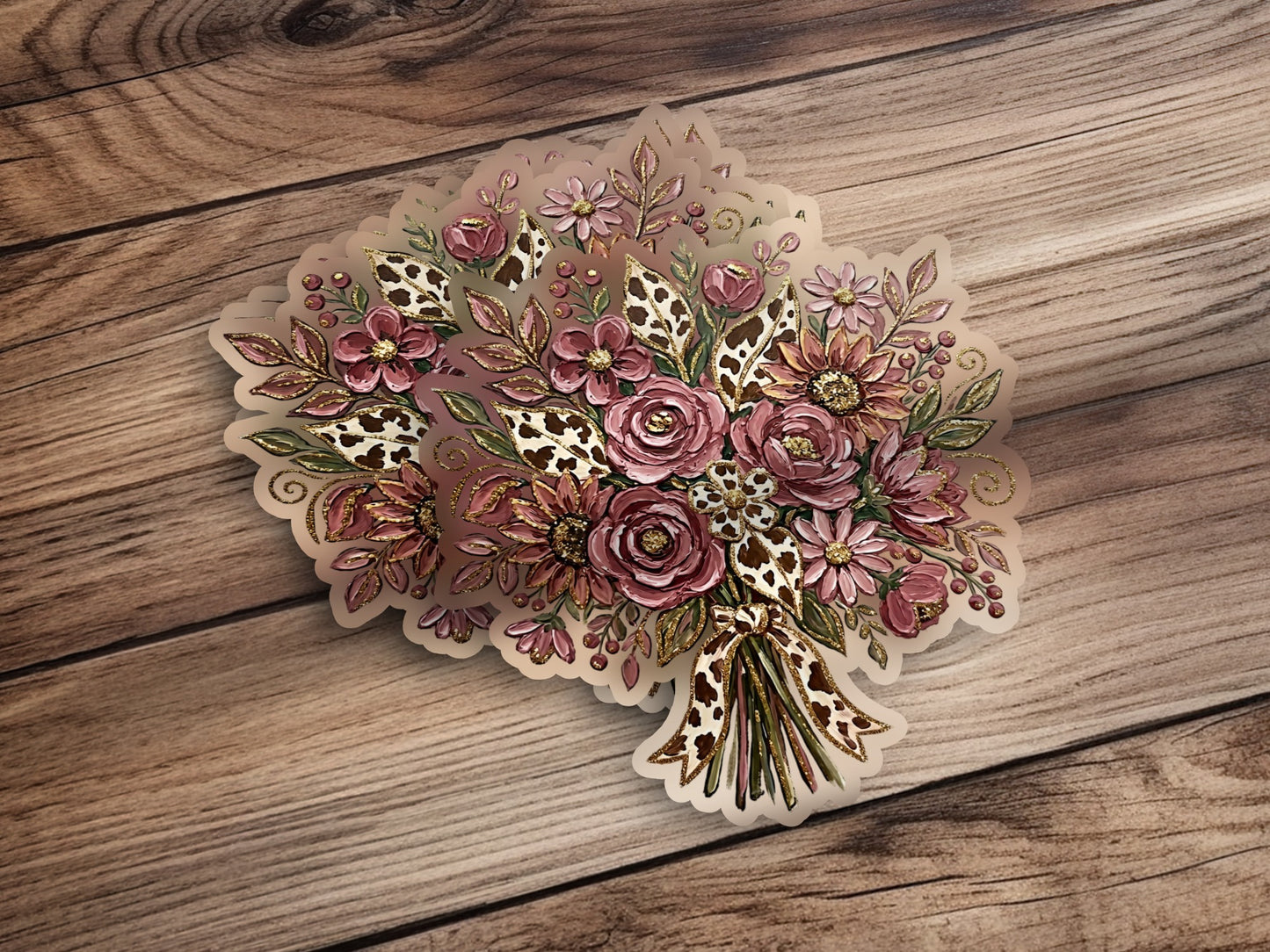 Bouquet of pink and gold flowers with leopard print accents on wood.