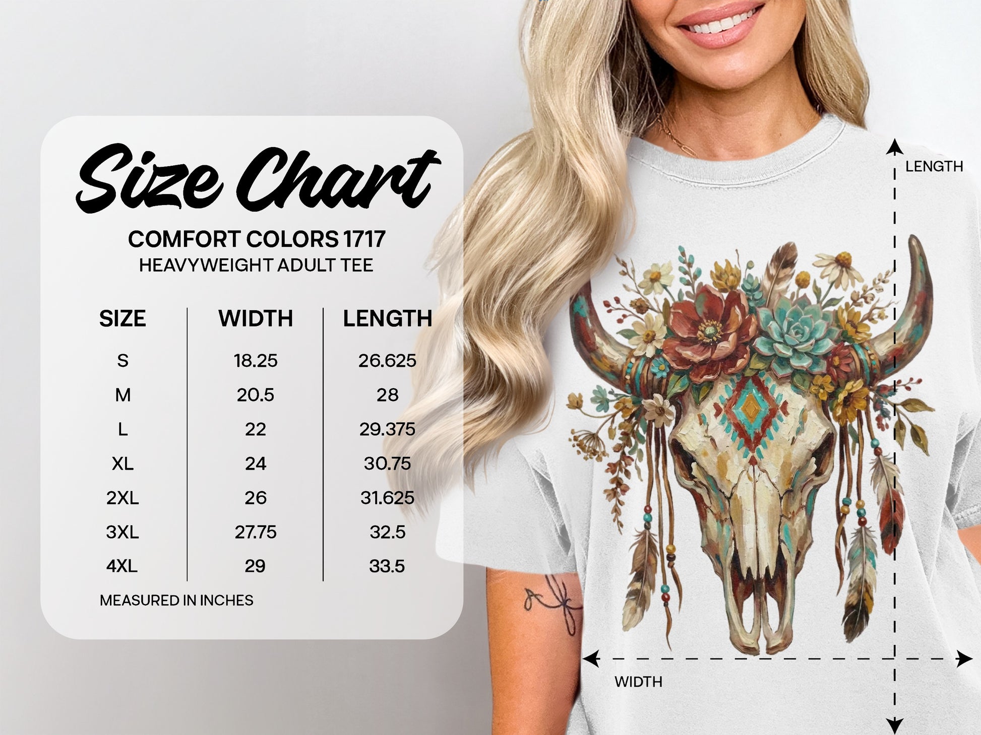 Size chart for Comfort Colors 1717 heavyweight adult tee, measured in inches.