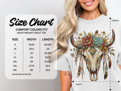 Size chart for Comfort Colors 1717 heavyweight adult tee, measured in inches.