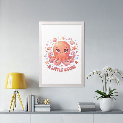 Pink cartoon octopus with text "A LITTLE EXTRA" in a white frame.