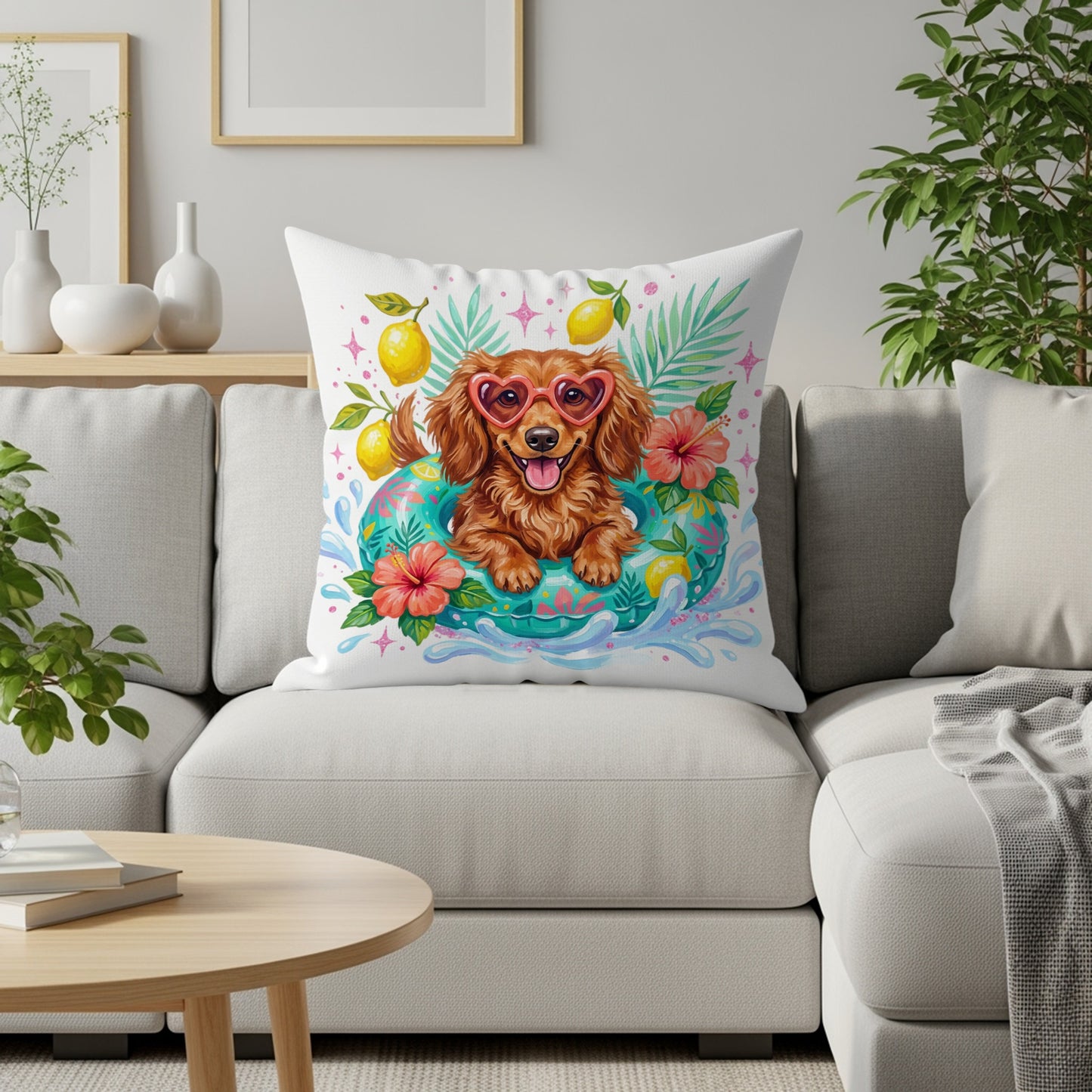 Dog wearing heart-shaped sunglasses in an inner tube with lemons and flowers.