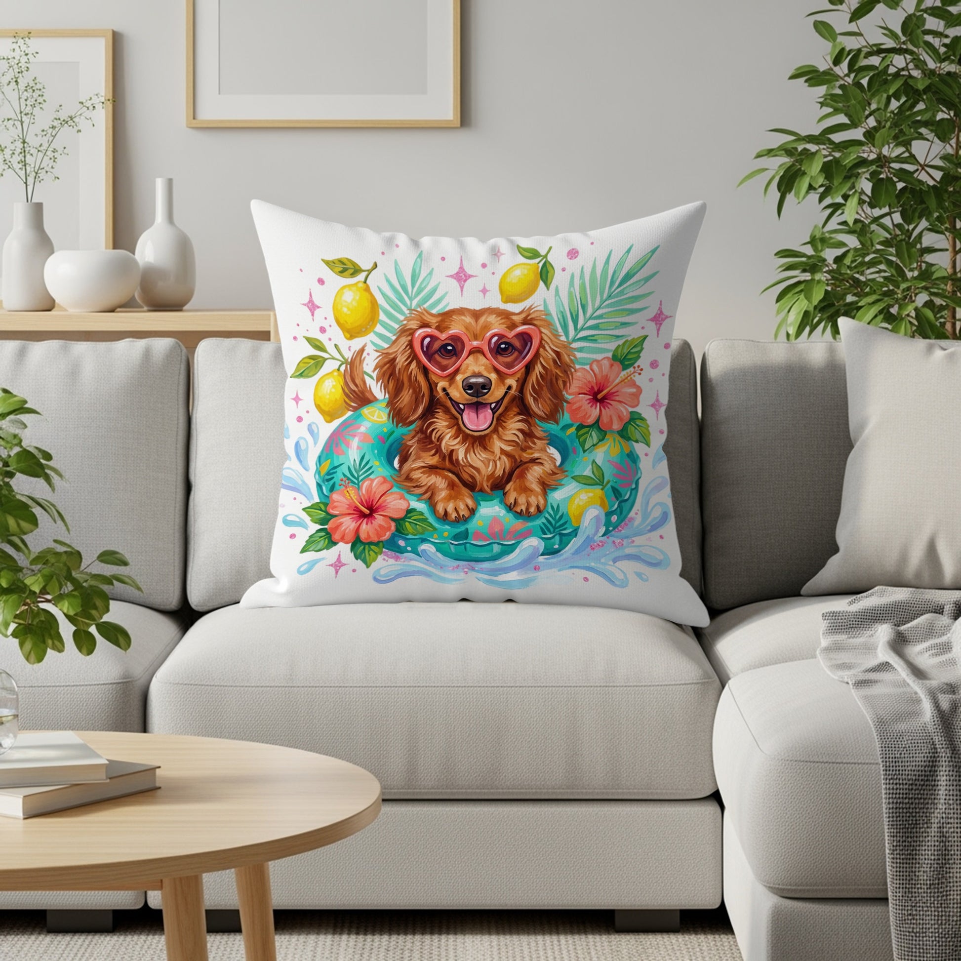 Dog wearing heart-shaped sunglasses in an inner tube with lemons and flowers.