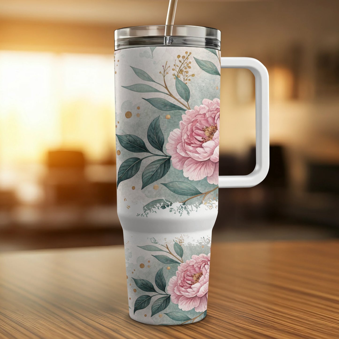 White tumbler with pink floral design and handle.