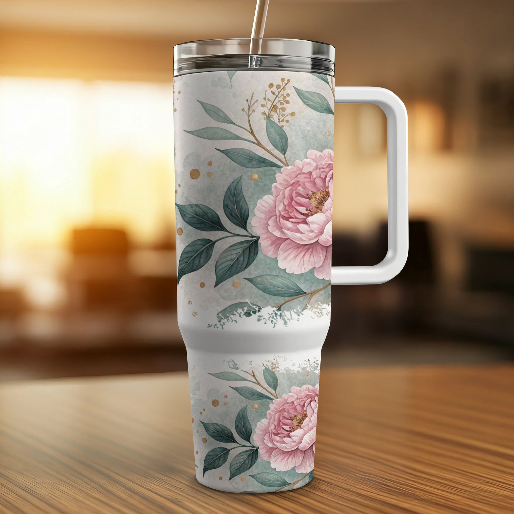 White tumbler with pink floral design and handle.