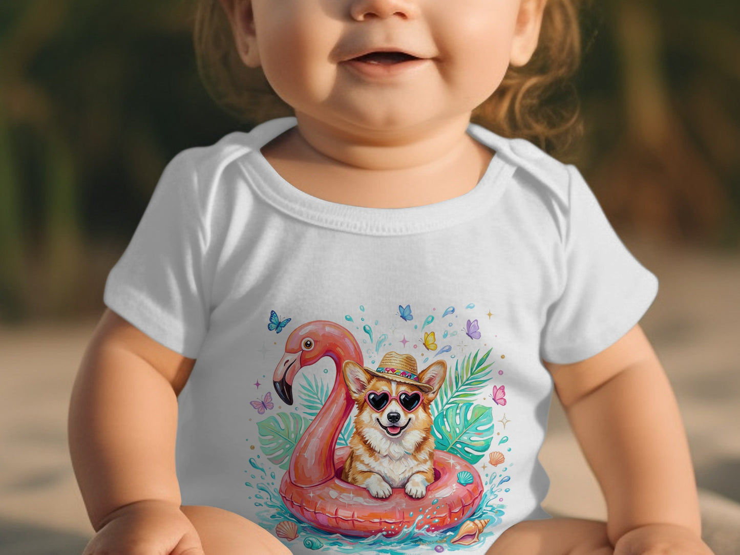 Smiling baby in white bodysuit with corgi in flamingo float illustration.