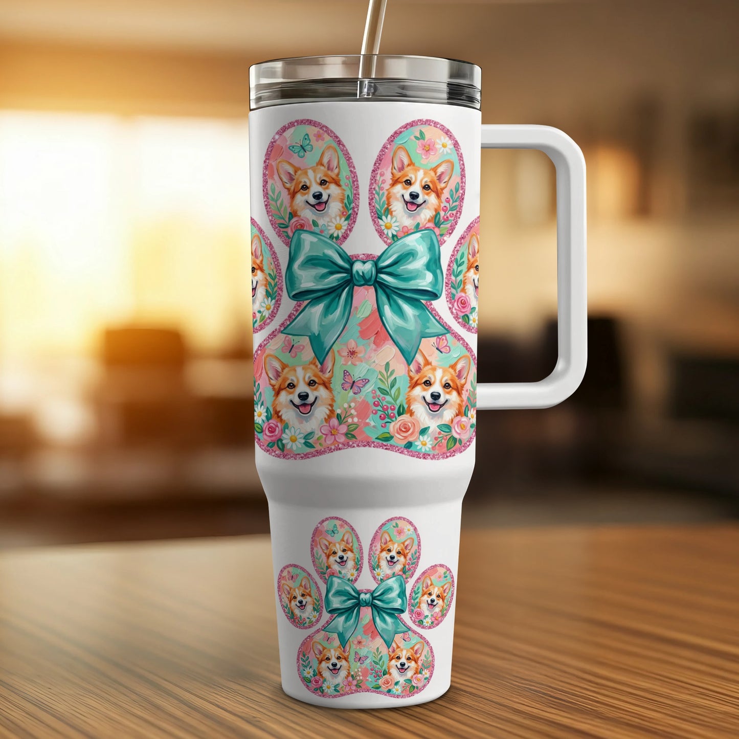 White tumbler with repeating corgi and butterfly paw print design.