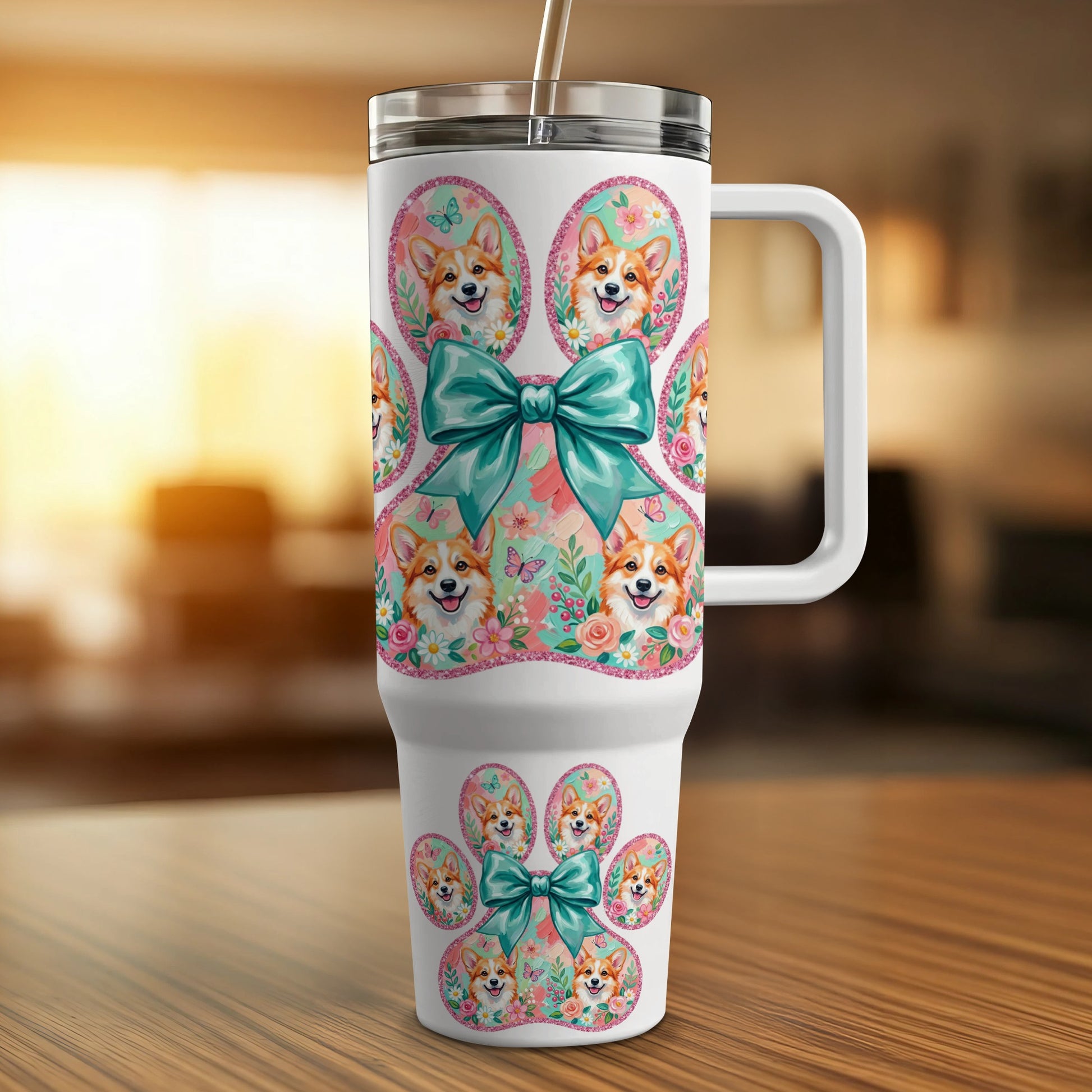 White tumbler with repeating corgi and butterfly paw print design.