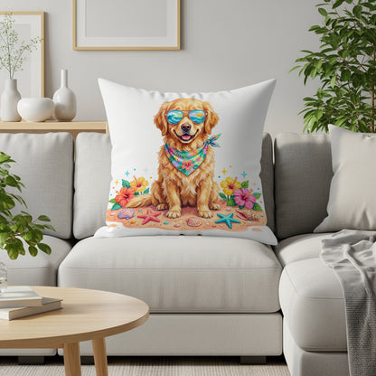 Golden retriever wearing sunglasses and bandana on a beach pillow.
