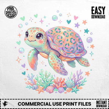 Cute cartoon turtle with colorful shell and coral reef elements.