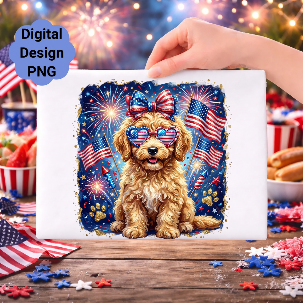 Golden doodle dog wearing heart-shaped sunglasses and a patriotic bow.