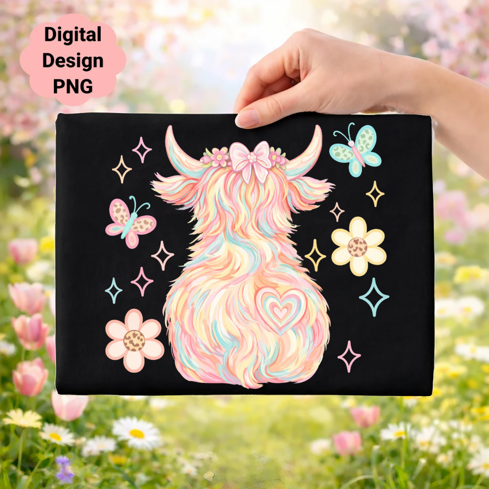 Fluffy Highland cow with flowers and butterflies on black background.