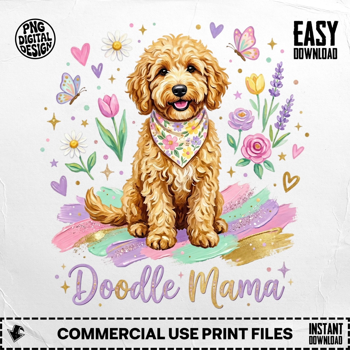 Goldendoodle dog wearing bandana surrounded by flowers and butterflies.