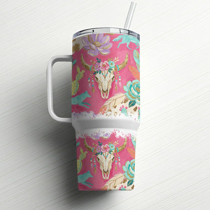 Boho-inspired tumbler with bull skull, cactus, and feather design.