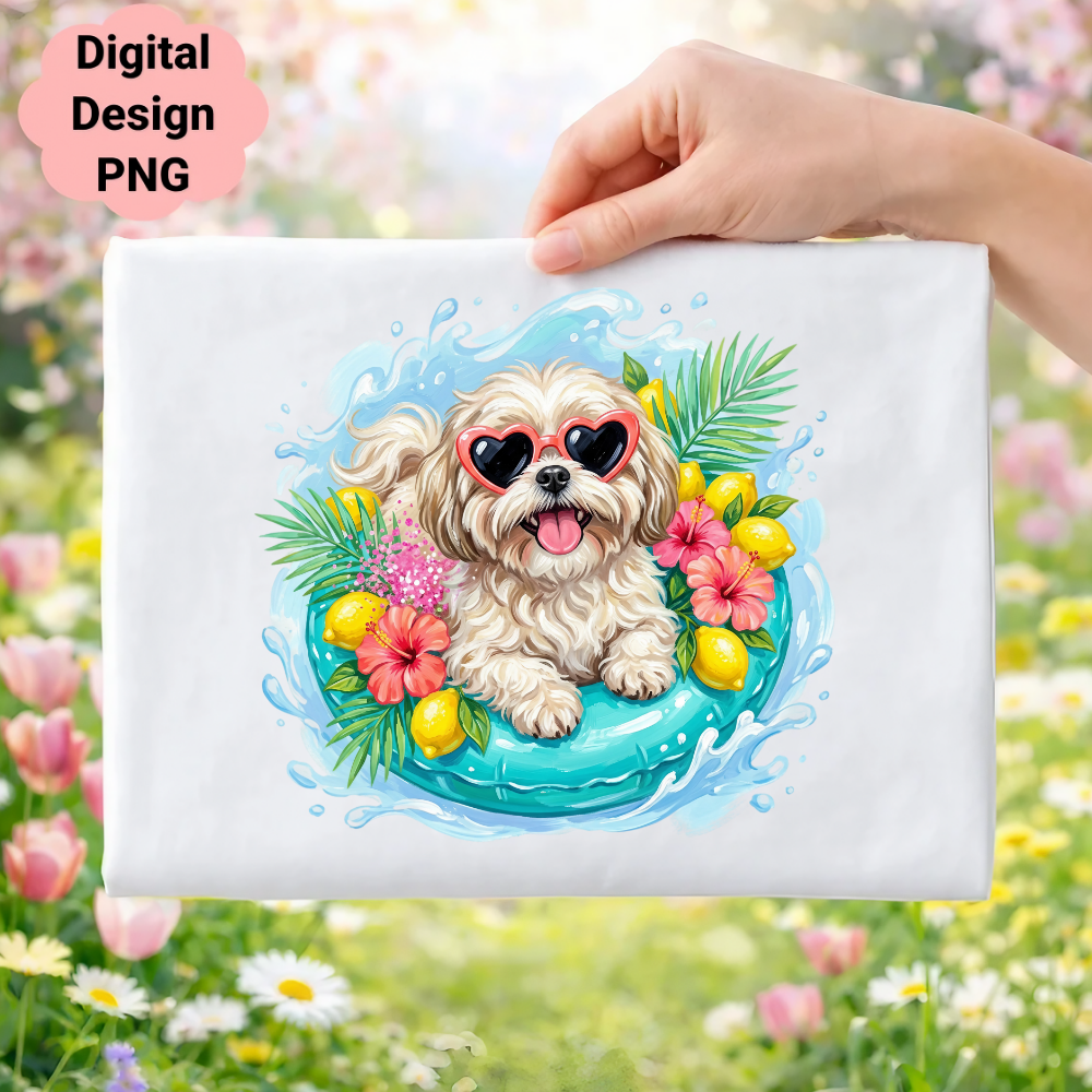 Shih tzu dog with heart sunglasses in a pool float with lemons and flowers.