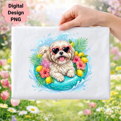 Shih tzu dog with heart sunglasses in a pool float with lemons and flowers.