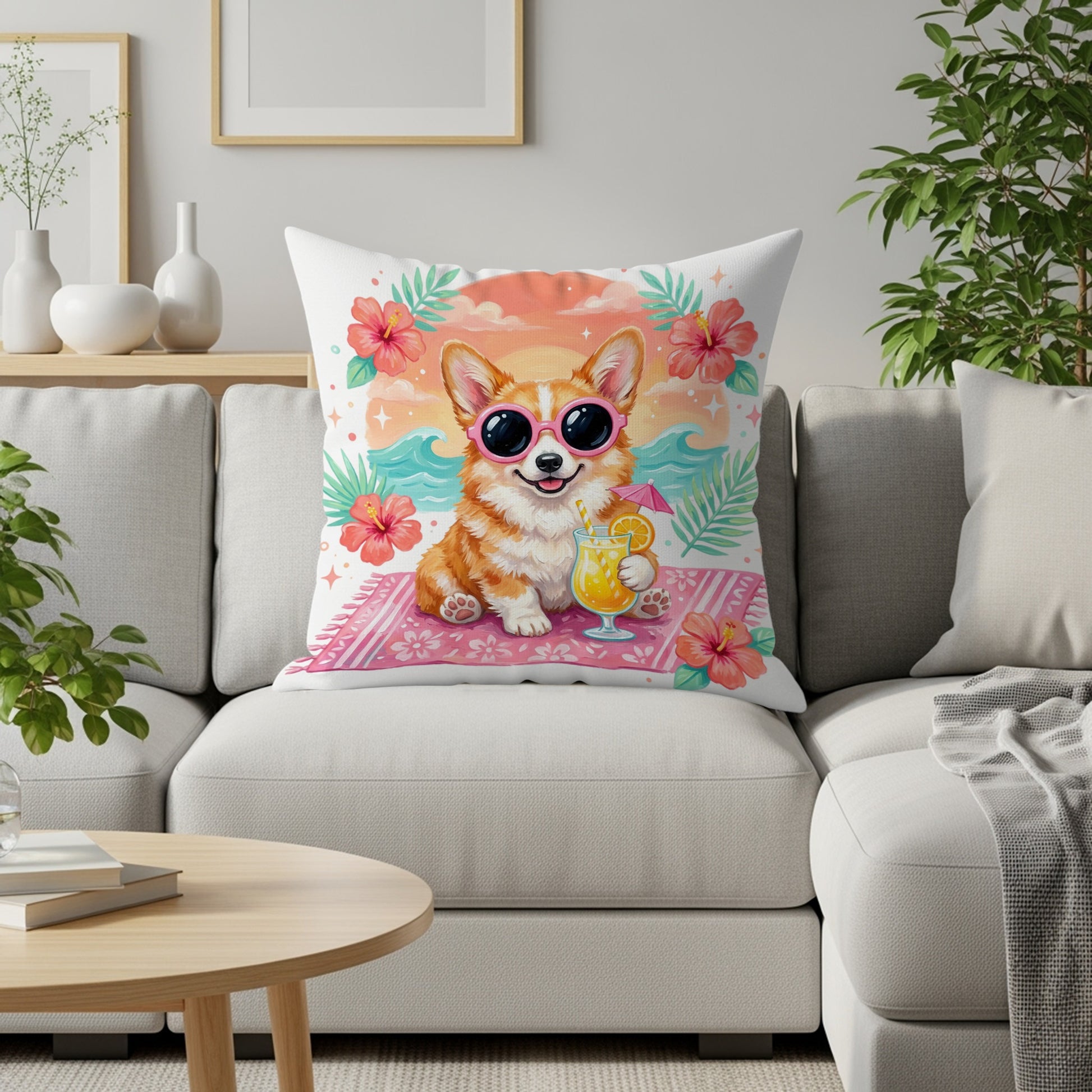 Corgi wearing sunglasses and holding a drink on a beach towel, surrounded by tropical flowers.