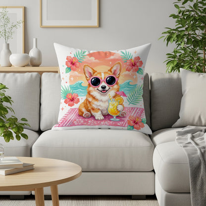 Corgi wearing sunglasses and holding a drink on a beach towel, surrounded by tropical flowers.