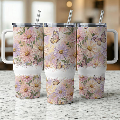Floral tumbler with butterflies and straw, three views.