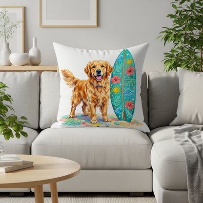 Golden retriever dog on beach with surfboard on throw pillow.